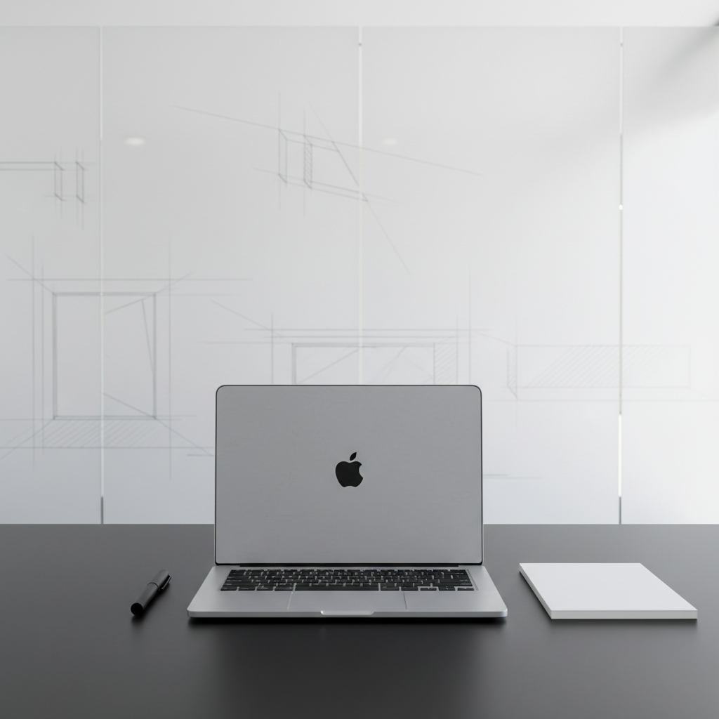 A sleek, closed silver laptop with a brushed aluminum finish sits centered on a jet-black desk, flanked by minimalist stationary: a matte-black pen and a precision-cut white notepad with clean edges. Surrounding the desk is a backdrop of frosted glass panels and faint architectural sketches, maintaining a monochromatic look. Ambient daylight softly diffuses through the glass, imparting even illumination and barely-there reflections on the metal surfaces. The camera adopts a slightly elevated angle with balanced composition, showcasing order and attention to detail. The mood is confidently professional and focused, suited for a high-level business portfolio site with a clean, modern photographic style.
