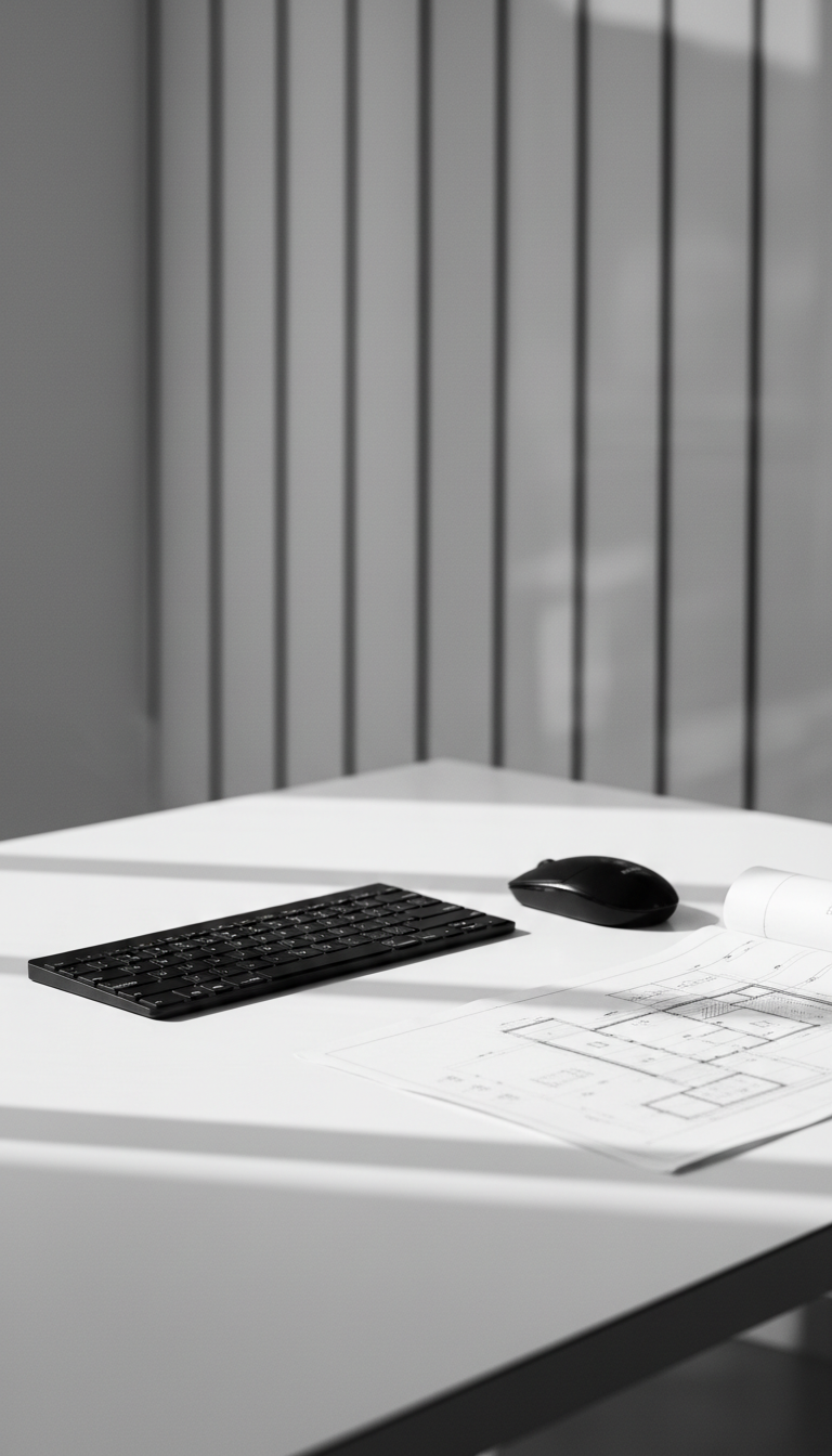 A monochrome, minimalist desktop setup featuring a slim, black wireless keyboard and a glossy black mouse positioned symmetrically on a flawless white desk. A folded black-and-white technical drawing sits just to the side, its lines sharply in focus. The environment includes subtle architectural elements—vertical lines from a modern glass partition in the blurred background. Diffused natural daylight casts clean, horizontal shadows and softens the scene, while the camera’s perspective adheres to the rule of thirds for visual harmony. The mood is sleek, analytical, and forward-thinking, aligning with a modern, professional workspace captured in crisp photographic realism.