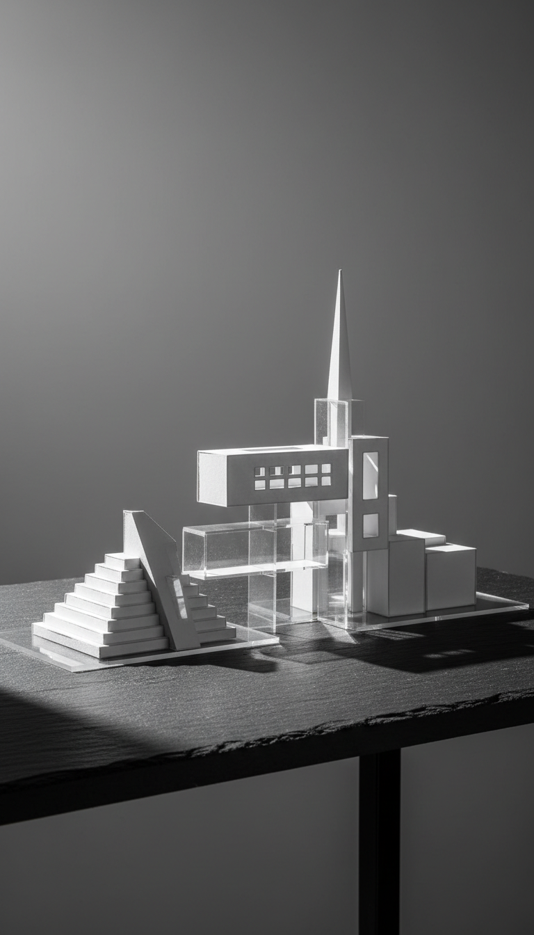 A high-contrast, photographic arrangement of architectural models crafted from white matte cardstock and clear acrylic, arranged on a black slate presentation table. The backdrop is a seamless grey gradient, eliminating distractions and focusing attention on the structural details of the models. Pinpointed side lighting casts dramatic, crisp-edged shadows that emphasize the clean geometry and precision of each piece. Shot at a low angle, the camera highlights the depth and architectural logic of the scene. The mood is sophisticated, intellectual, and aspirational, echoing the portfolio’s emphasis on contemporary professional achievement.