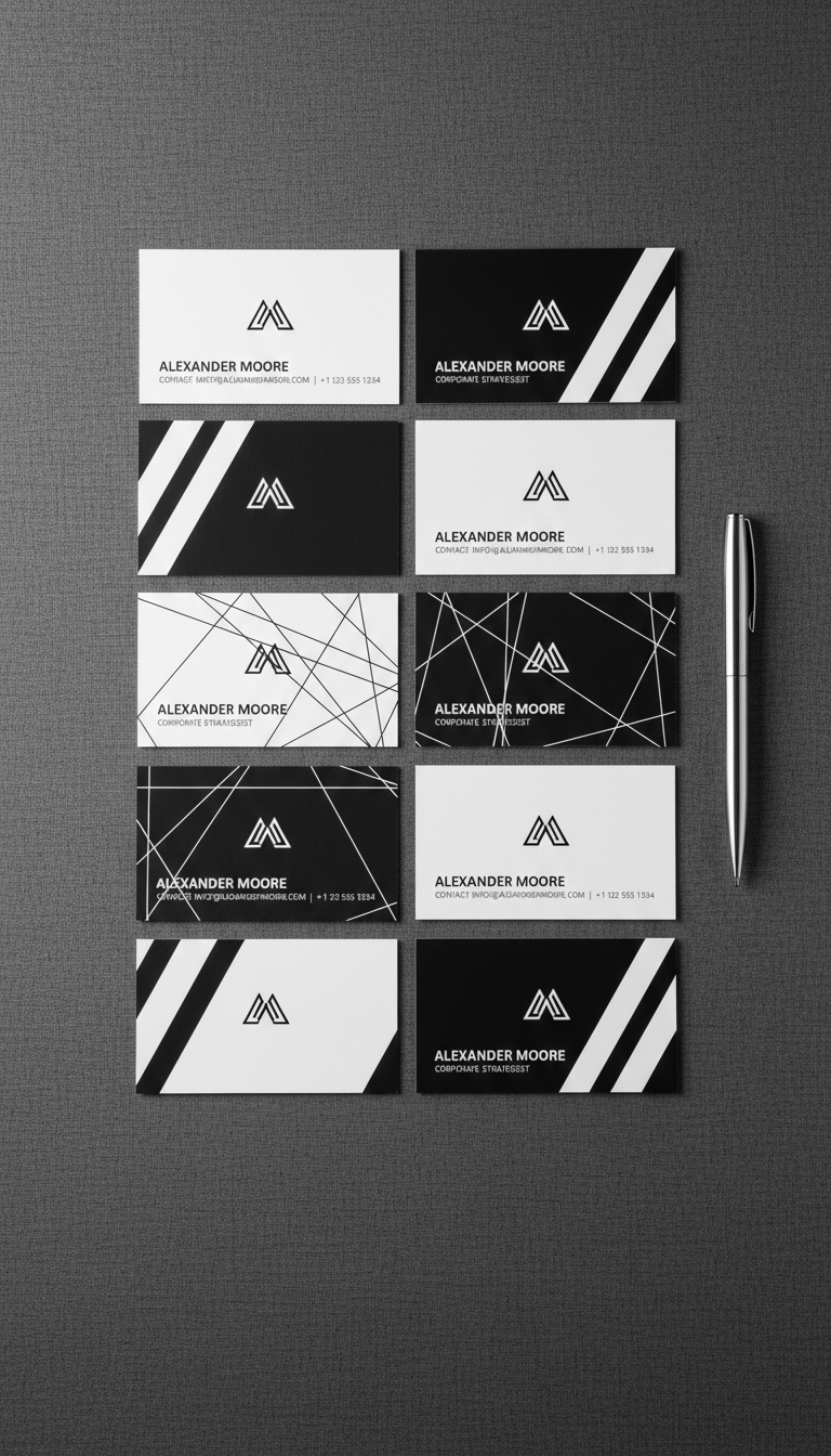 A set of elegant, geometric black and white business cards, each precisely aligned on a textured charcoal-grey surface. The cards feature subtle debossed logos and crisp modern typography, exuding quality craftsmanship. The surrounding area is free from clutter, with only a single metallic pen lying parallel to the cards. Above, cool white overhead lighting casts soft, uniform light across the scene, accentuating the sharp edges and creating faint, purposeful shadows. Captured from directly above with a flat-lay composition, the image emphasizes balance, professionalism, and a structured minimalism ideal for a corporate professional profile.
